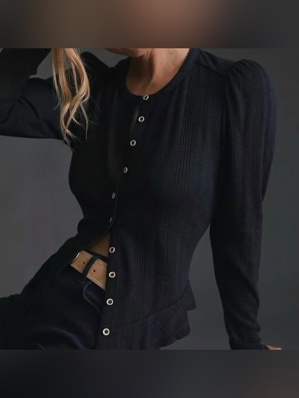 Anthropologie Pilcro Black Puff-Sleeved Ribbed Cardigan